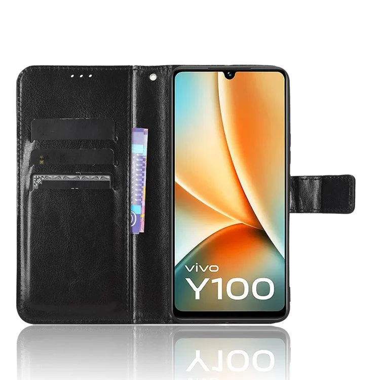 Para vivo Y100 5G / T2 5G Crazy Horse Texture PU Leather Wallet Case Phone Cover con soporte - Negro