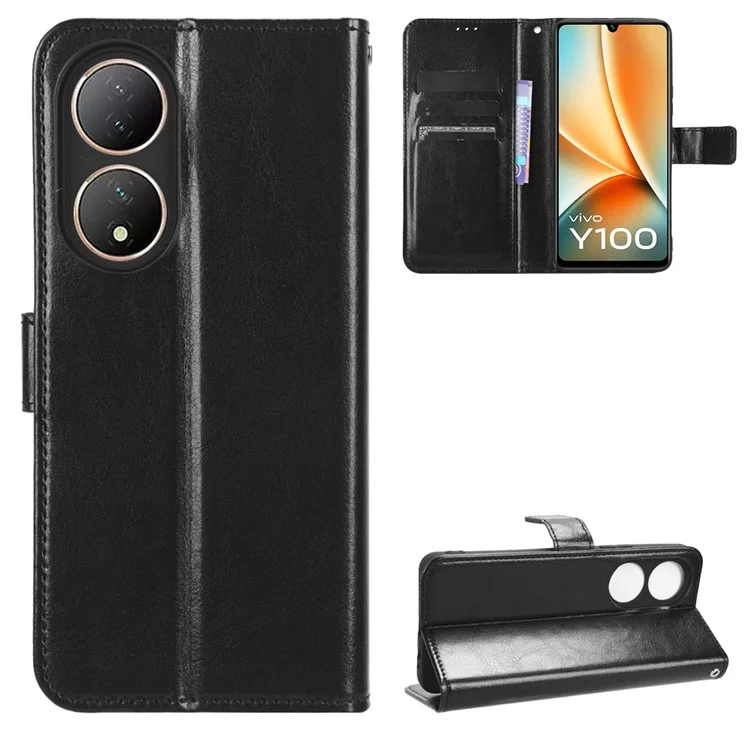 Para vivo Y100 5G / T2 5G Crazy Horse Texture PU Leather Wallet Case Phone Cover con soporte - Negro
