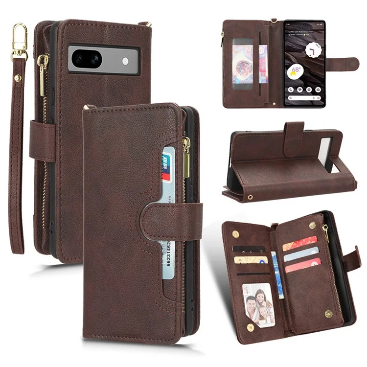 For Google Pixel 7a Zipper Pocket Leather Wallet Phone Case Cellphone Cover with Stand - Brown