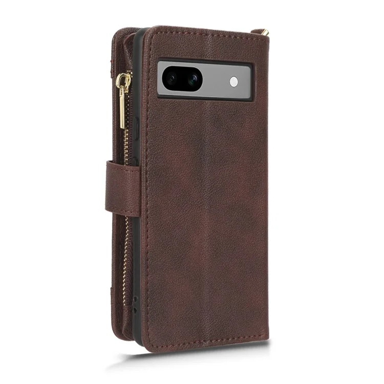 For Google Pixel 7a Zipper Pocket Leather Wallet Phone Case Cellphone Cover with Stand - Brown