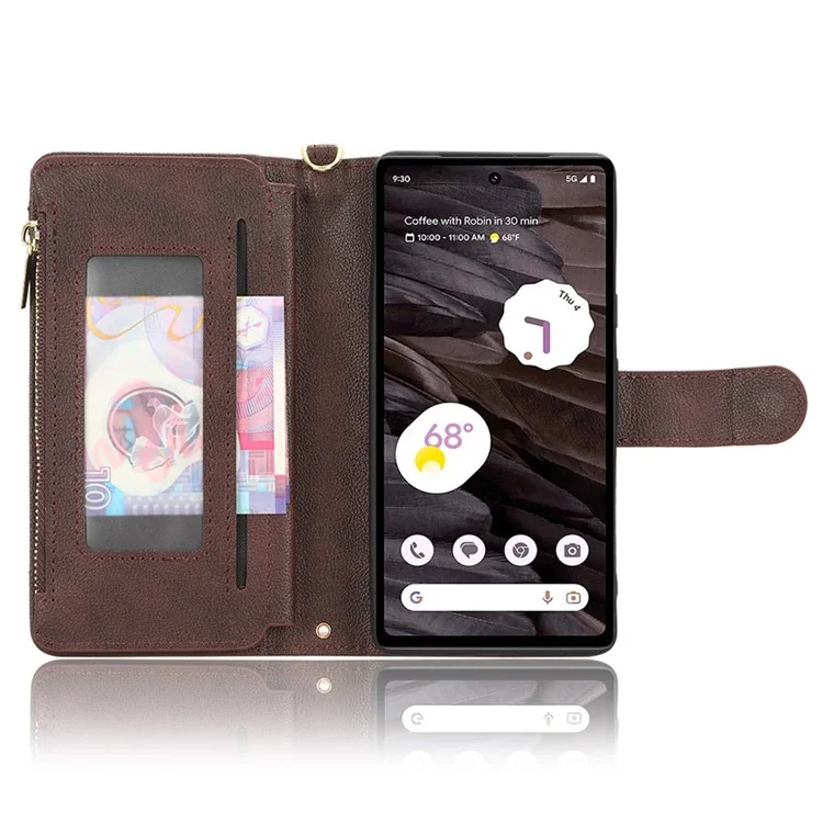 For Google Pixel 7a Zipper Pocket Leather Wallet Phone Case Cellphone Cover with Stand - Brown