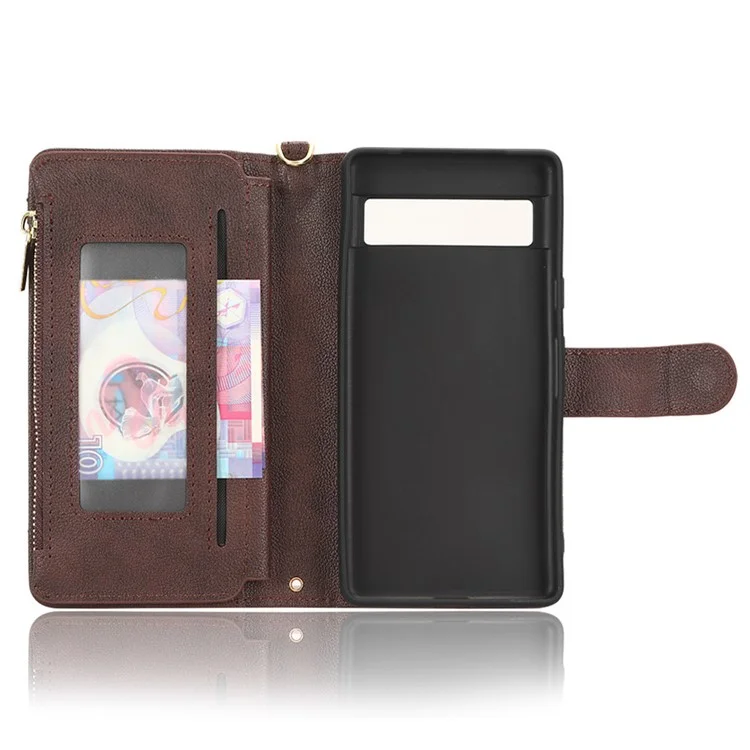For Google Pixel 7a Zipper Pocket Leather Wallet Phone Case Cellphone Cover with Stand - Brown