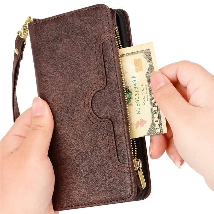 For Google Pixel 7a Zipper Pocket Leather Wallet Phone Case Cellphone Cover with Stand - Brown