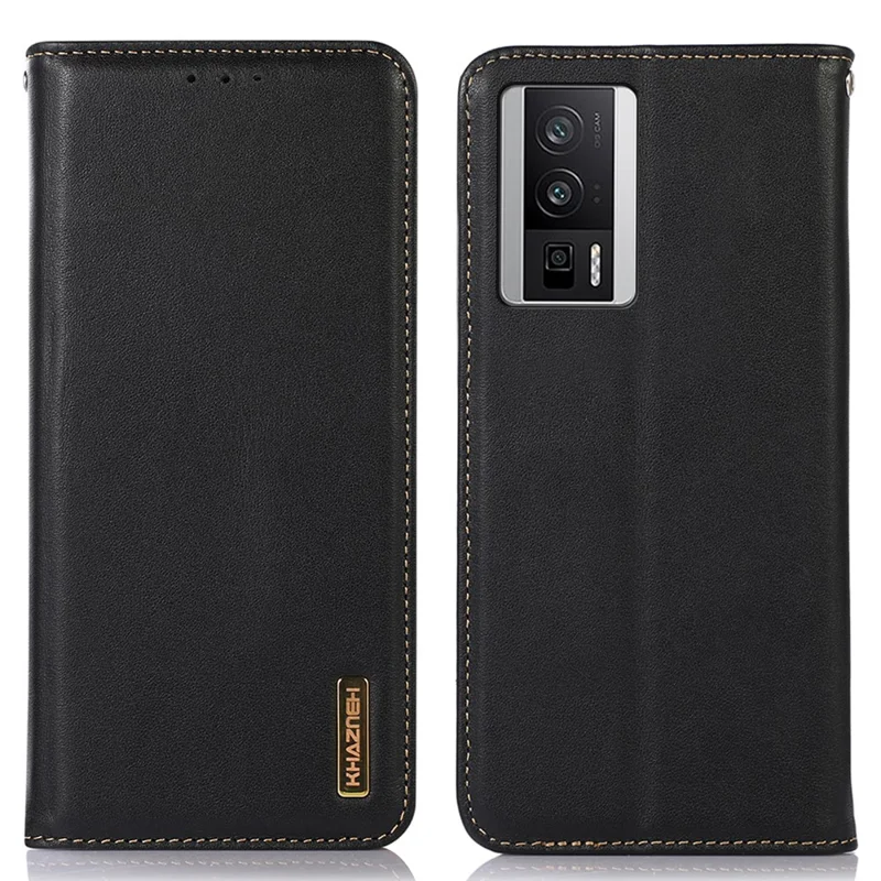 KHAZNEH Para Xiaomi Poco F5 Pro 5G / Redmi K60 5G / K60 Pro 5G Funda de Cartera de Cuero Auténtico de Vaca RFID Blocking Stand Cover - Negro