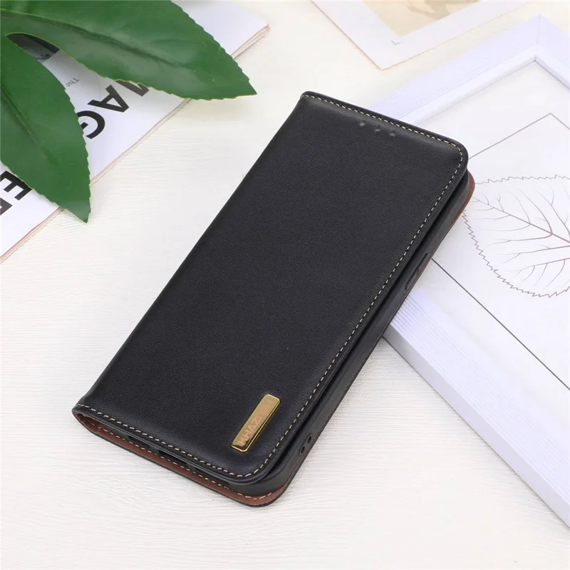 KHAZNEH For Xiaomi Poco F5 Pro 5G / Redmi K60 5G / K60 Pro 5G Genuine Cowhide Leather Wallet Phone Case RFID Blocking Stand Cover - Black