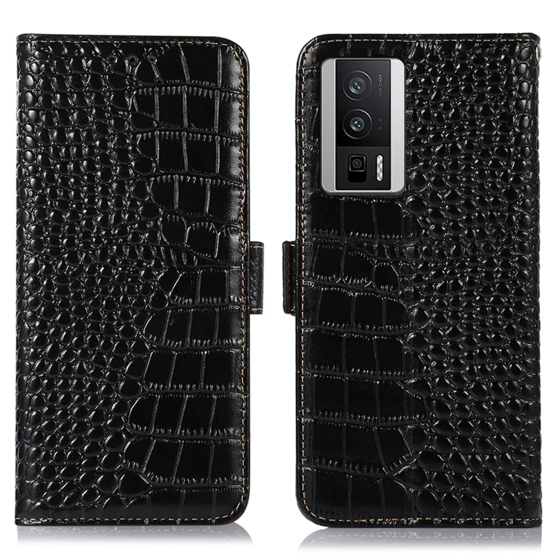 For Xiaomi Poco F5 Pro 5G / Redmi K60 5G / K60 Pro 5G Genuine Cowhide Leather Wallet Stand Case Crocodile Texture RFID Blocking Phone Cover - Black