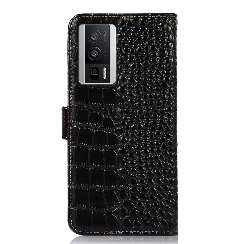 For Xiaomi Poco F5 Pro 5G / Redmi K60 5G / K60 Pro 5G Genuine Cowhide Leather Wallet Stand Case Crocodile Texture RFID Blocking Phone Cover - Black