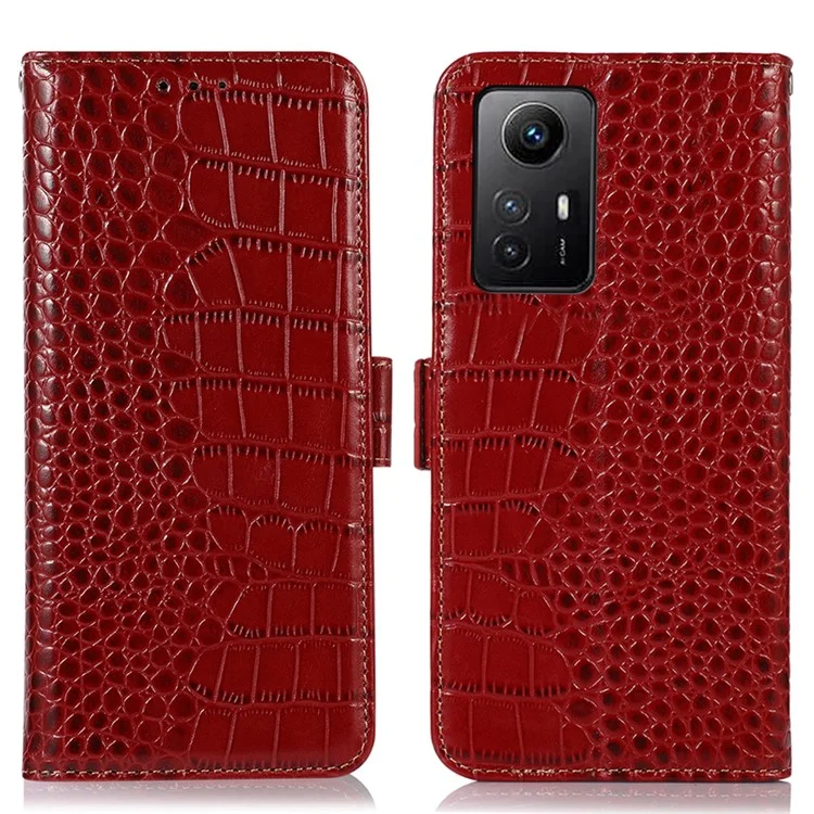 Für Xiaomi Redmi Note 12S 4G RFID-blockierender Wallet-Handyhülle mit Krokodil-Textur, echtem Rindsleder, Ständer - Rot