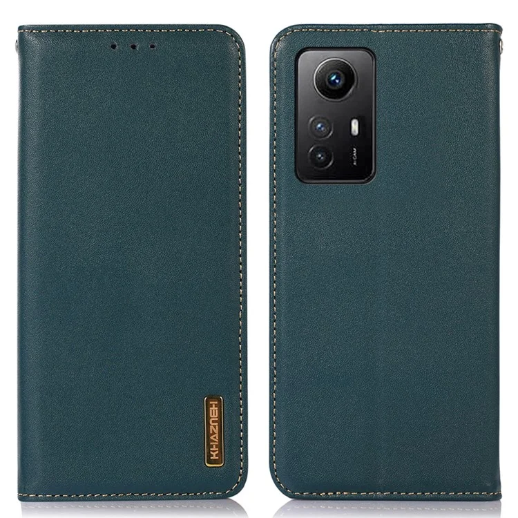 KHAZNEH For Xiaomi Redmi Note 12S 4G Genuine Cowhide Leather Phone Case RFID Blocking Wallet Stand Cover - Green