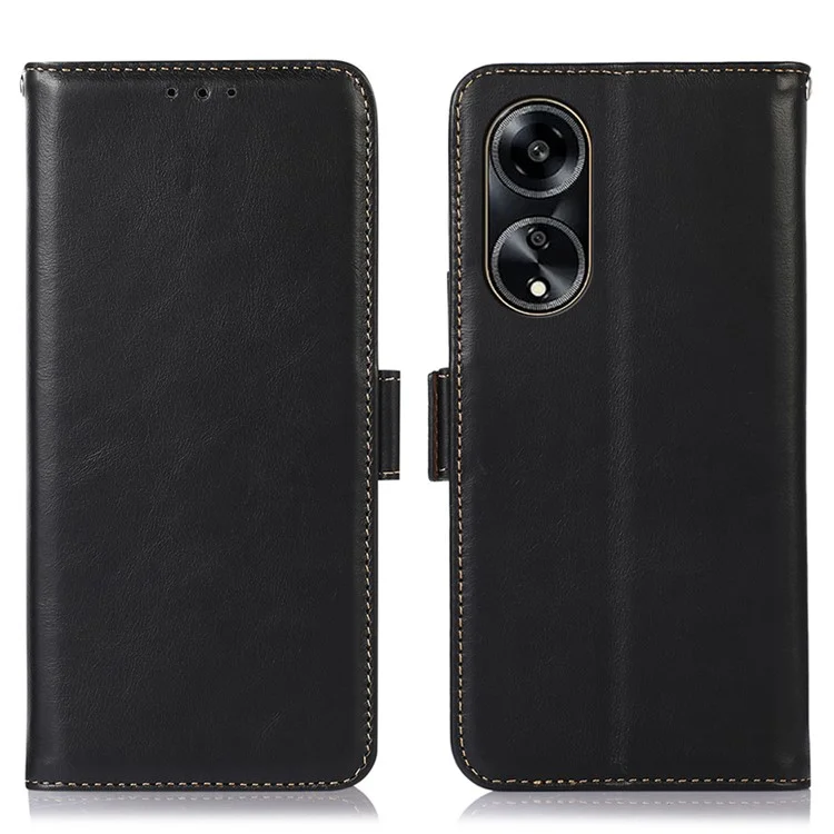 Para Oppo A1 5G / A98 5G / F23 5G Genuine Cowhide Leather Wallet Case RFID Blocking Crazy Horse Texture Flip Stand Cover - Negro