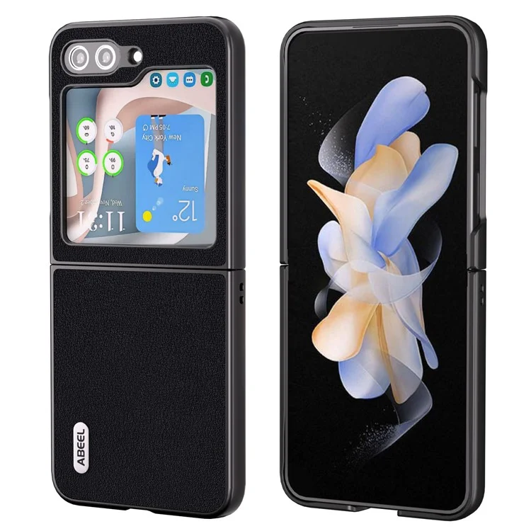 ABEEL Per Galaxy Z Flip5 5G Vera Pelle Bovina + Guscio Rigido PC Bordo Opaco Nero Custodia Telefono - Nero