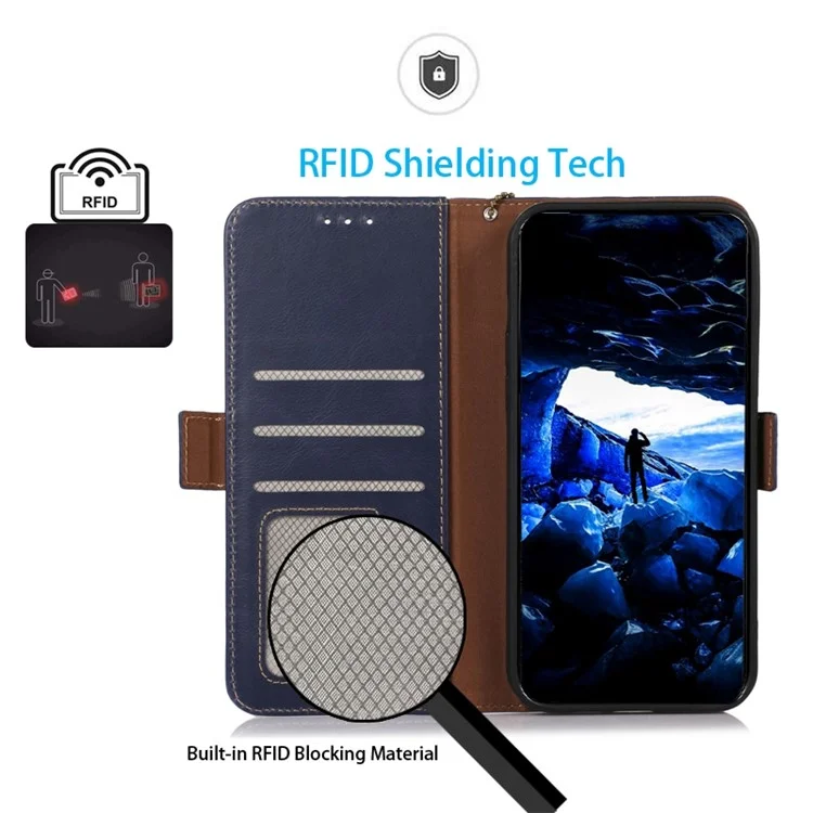 Für Motorola Moto G Power 5G Genuine Cow Leather Phone Case RFID Blocking Walle Stand Crazy Horse Texture Cover - Blau