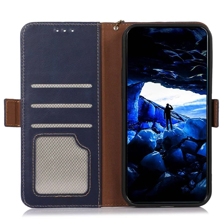 Für Motorola Moto G Power 5G Genuine Cow Leather Phone Case RFID Blocking Walle Stand Crazy Horse Texture Cover - Blau