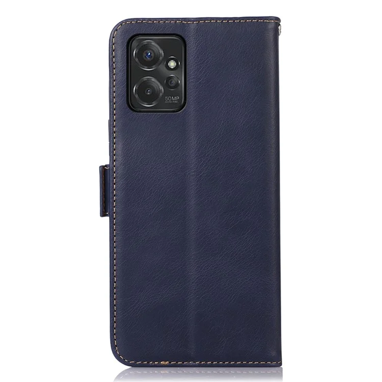Für Motorola Moto G Power 5G Genuine Cow Leather Phone Case RFID Blocking Walle Stand Crazy Horse Texture Cover - Blau
