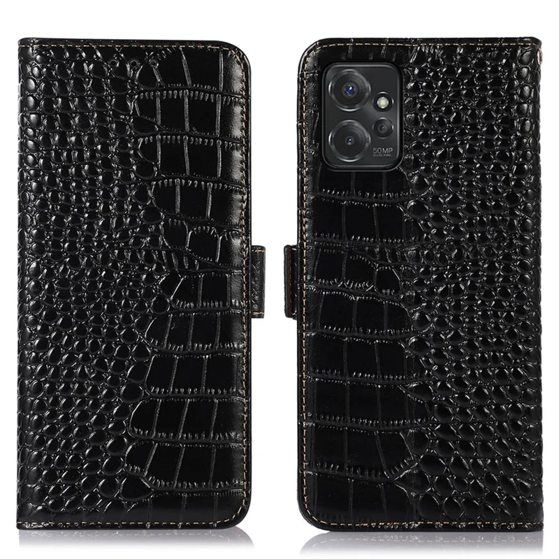 Для Motorola Moto G Power 5G Genuine Cow Leather Wallet Case Crocodile Texture RFID Blocking Stand Phone Cover - Black