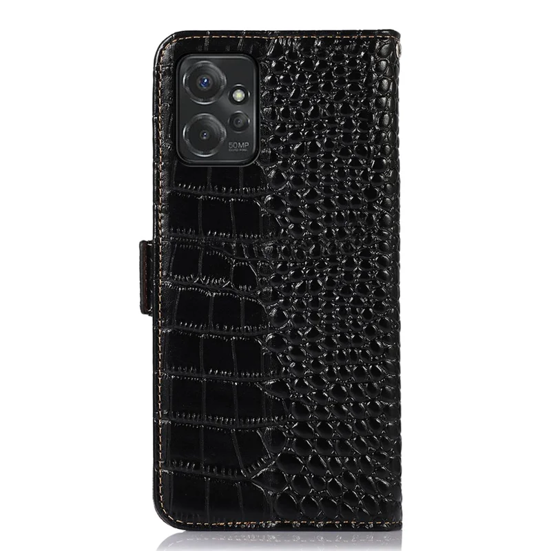 Для Motorola Moto G Power 5G Genuine Cow Leather Wallet Case Crocodile Texture RFID Blocking Stand Phone Cover - Black
