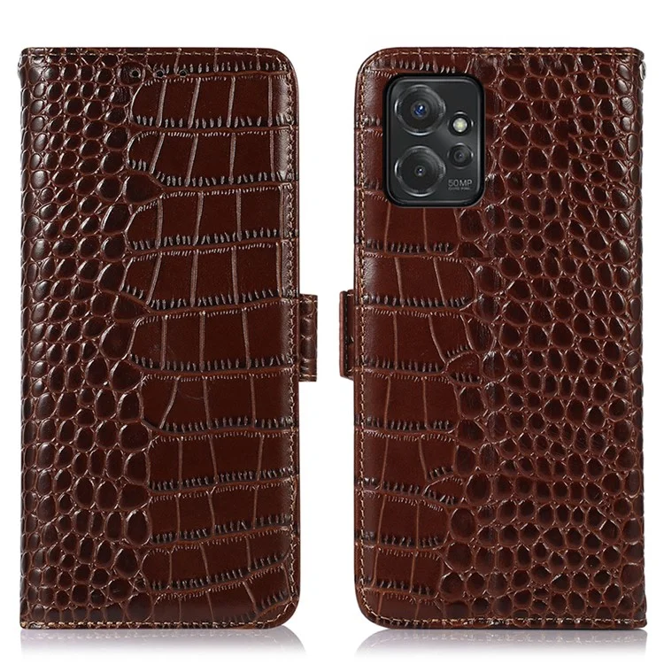 Pour Motorola Moto G Power 5G Véritable Portefeuille en Cuir de Vache Texture Crocodile Blocage RFID Support Housse de Téléphone - Marron