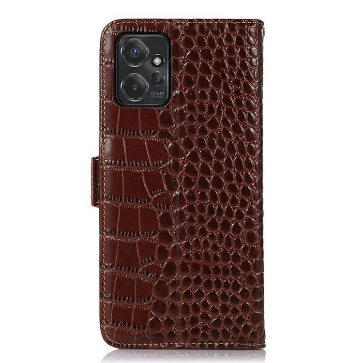 Pour Motorola Moto G Power 5G Véritable Portefeuille en Cuir de Vache Texture Crocodile Blocage RFID Support Housse de Téléphone - Marron