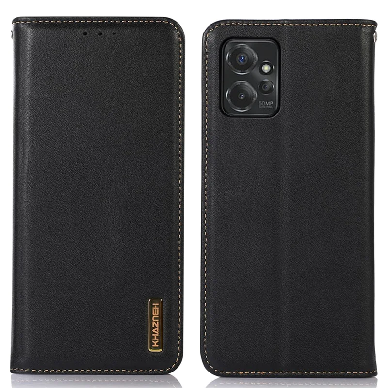 KHAZNEH pour Motorola Moto G Power 5G Véritable étui portefeuille en cuir de vache RFID Blocking Stand Magnetic Cover - Noir