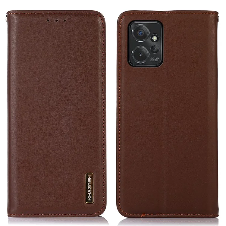 KHAZNEH Pour Motorola Moto G Power 5G Véritable étui portefeuille en cuir de vache RFID Blocking Stand Magnetic Cover - Brun