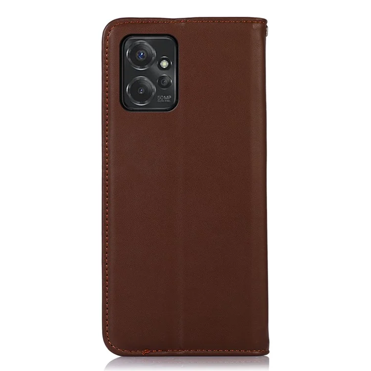 KHAZNEH Pour Motorola Moto G Power 5G Véritable étui portefeuille en cuir de vache RFID Blocking Stand Magnetic Cover - Brun