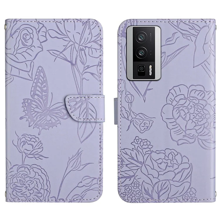 HT03 Carteira Capa de Telefone para Xiaomi Poco F5 Pro 5G / Redmi K60 5G / K60 Pro 5G, Capa de Couro PU com Estampa de Borboletas e Flores, com Alça de Ombro - Roxo