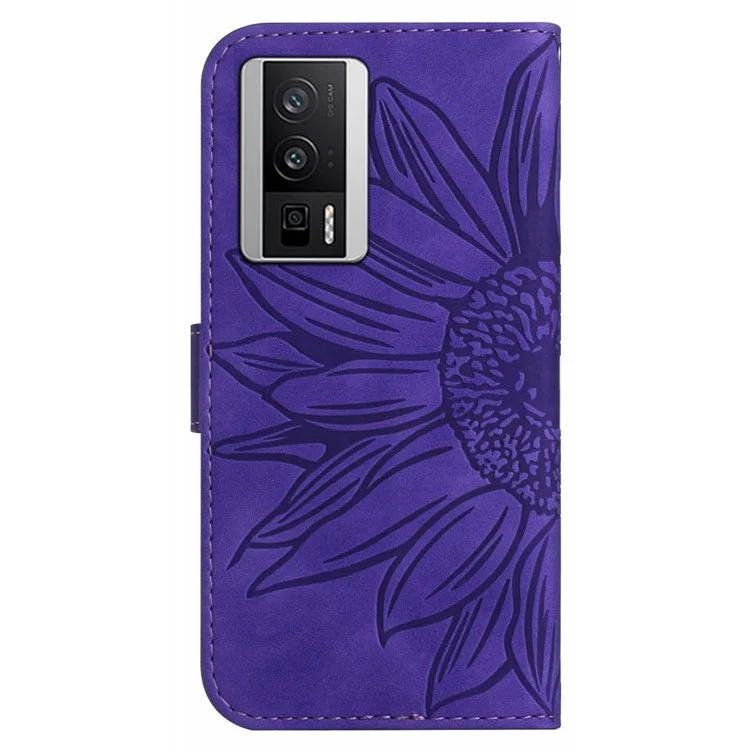 HT04 Wallet Flip Cover für Xiaomi Poco F5 Pro 5G / Redmi K60 5G / K60 Pro 5G, PU-Leder mit Sonnenblumenmuster, Stehfunktion und Schulterriemen - Dunkelviolett