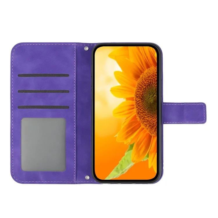 HT04 Wallet Flip Cover for Xiaomi Poco F5 Pro 5G / Redmi K60 5G / K60 Pro 5G , PU Leather Stand Sunflower Pattern Imprinted Phone Case with Shoulder Strap - Dark Purple