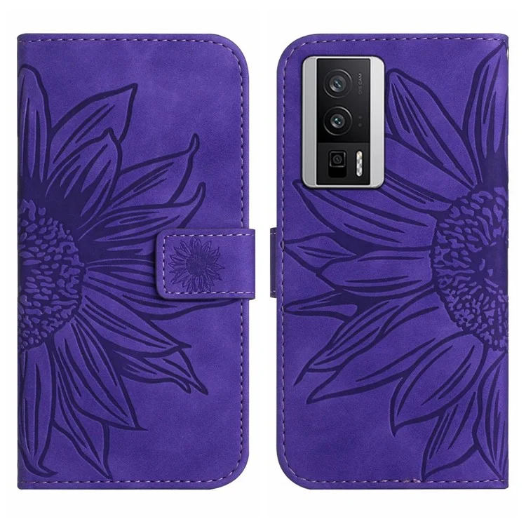 HT04 Wallet Flip Cover für Xiaomi Poco F5 Pro 5G / Redmi K60 5G / K60 Pro 5G, PU-Leder mit Sonnenblumenmuster, Stehfunktion und Schulterriemen - Dunkelviolett