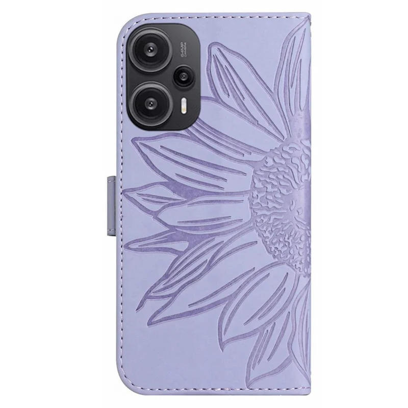 HT04 Wallet Phone Case für Xiaomi Poco F5 5G / Redmi Note 12 Turbo, PU-Leder-Sonnenblumenmuster-Ständer-Cover mit Handschlaufe - Hellviolett
