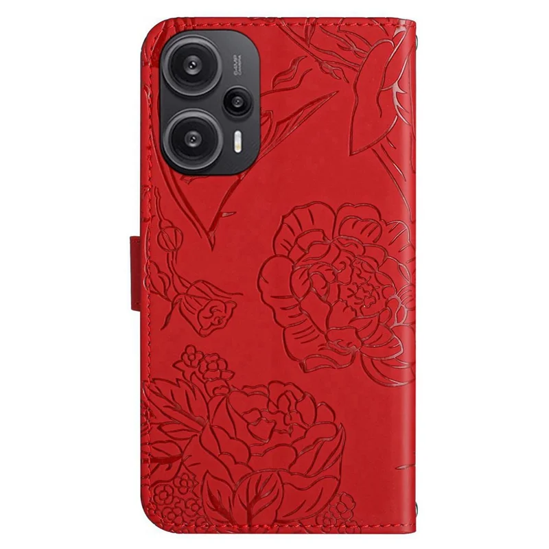 HT03-Lederhülle für Xiaomi Poco F5 5G / Redmi Note 12 Turbo, Schmetterlings-Blumen-Prägung, Standfunktion, Brieftasche, Handyschutz mit Handschlaufe - Rot