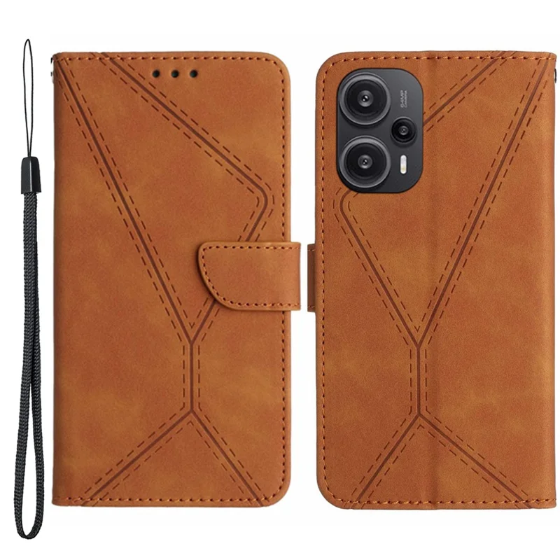 HT05 PU Leather Flip Cover для Xiaomi Poco F5 5G / Redmi Note 12 Turbo, Stand Wallet Imprinted Line Phone Case - Brown
