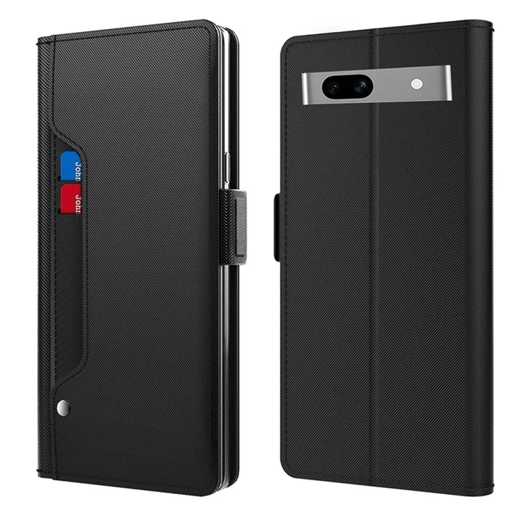 For Google Pixel 7a Phone Stand Case Card Holder Leather Phone Cover with Mirror Design - Black
