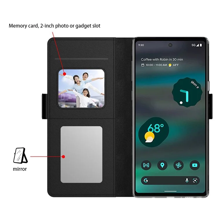 For Google Pixel 7a Phone Stand Case Card Holder Leather Phone Cover with Mirror Design - Black