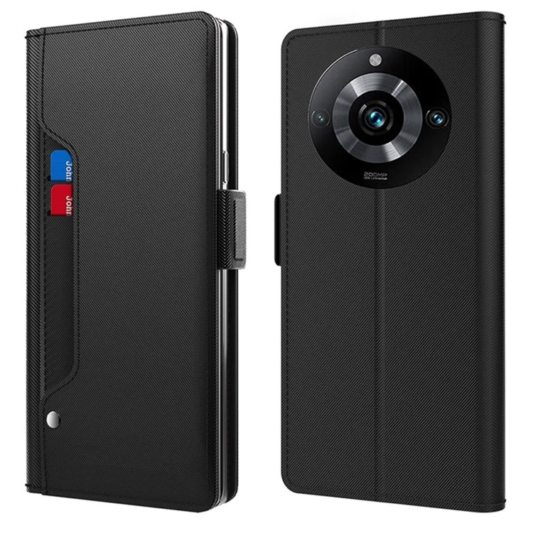 For Realme 11 5G (China) Card Holder Leather Case Mirror Design Stand Protective Phone Cover - Black