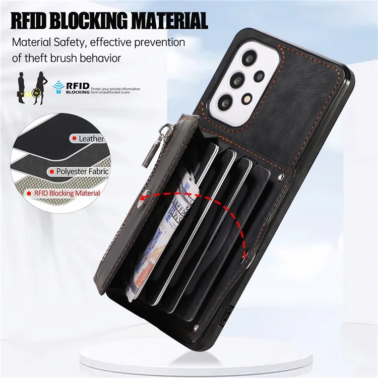 For Samsung Galaxy A53 5G Cell Phone Case RFID Blocking Card Bag Kickstand PU Leather+TPU Cover - Black