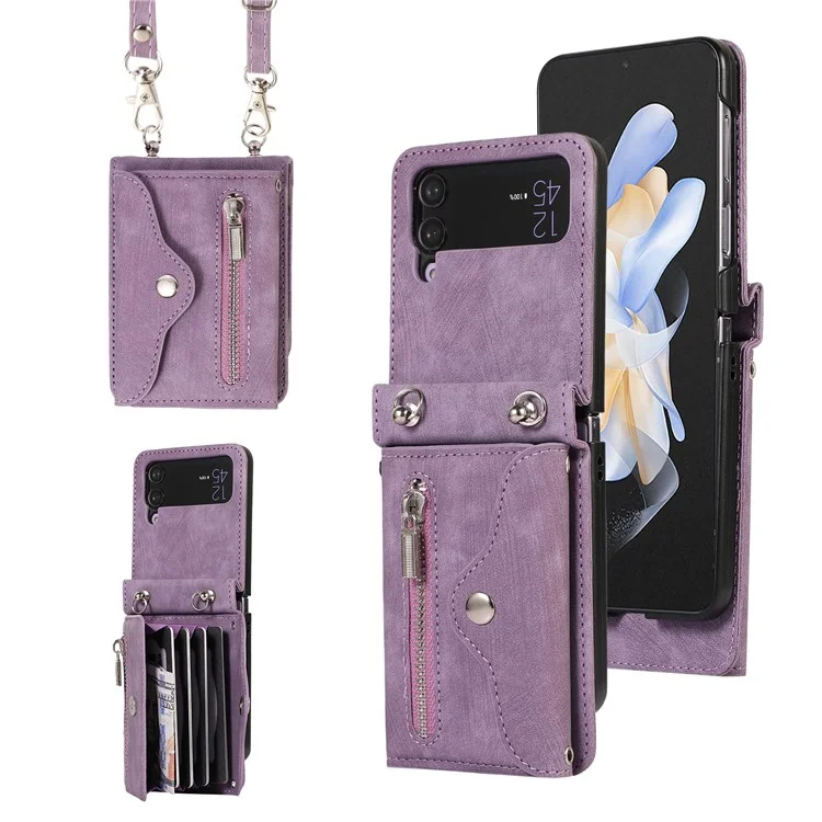 Phone Case for Samsung Galaxy Z Flip3 5G RFID Blocking Card Bag PU Leather+TPU Cover with Kickstand - Purple