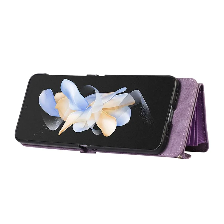 Phone Case for Samsung Galaxy Z Flip3 5G RFID Blocking Card Bag PU Leather+TPU Cover with Kickstand - Purple