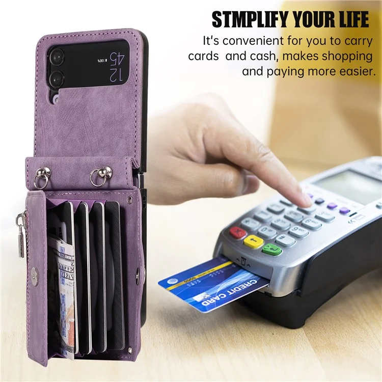 Phone Case for Samsung Galaxy Z Flip3 5G RFID Blocking Card Bag PU Leather+TPU Cover with Kickstand - Purple
