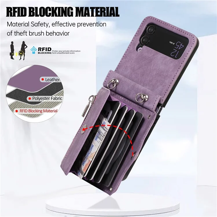 Phone Case for Samsung Galaxy Z Flip3 5G RFID Blocking Card Bag PU Leather+TPU Cover with Kickstand - Purple
