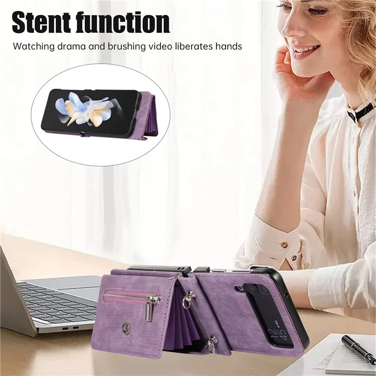 Phone Case for Samsung Galaxy Z Flip3 5G RFID Blocking Card Bag PU Leather+TPU Cover with Kickstand - Purple