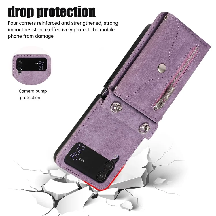 Phone Case for Samsung Galaxy Z Flip3 5G RFID Blocking Card Bag PU Leather+TPU Cover with Kickstand - Purple
