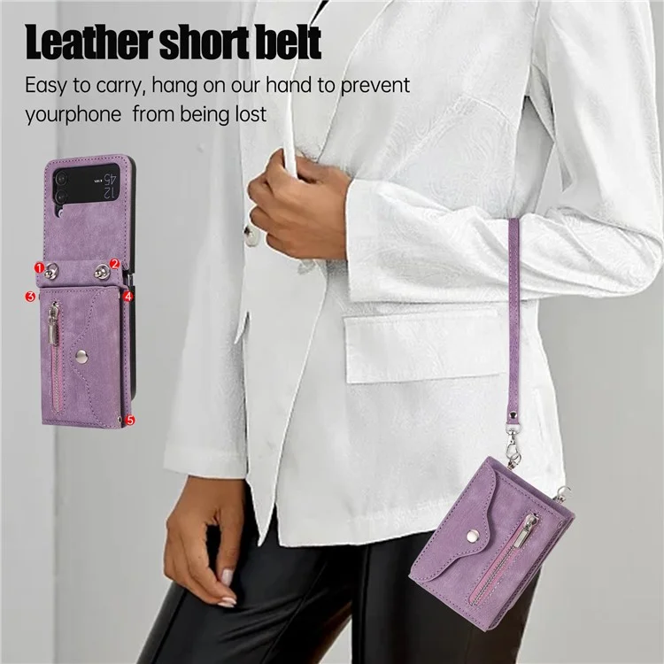 Phone Case for Samsung Galaxy Z Flip3 5G RFID Blocking Card Bag PU Leather+TPU Cover with Kickstand - Purple