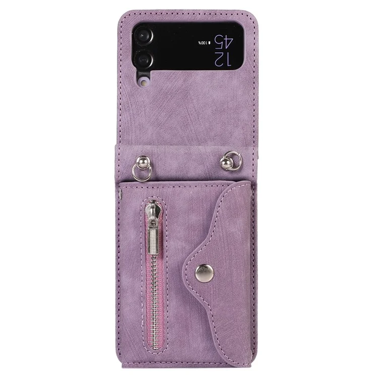 Phone Case for Samsung Galaxy Z Flip3 5G RFID Blocking Card Bag PU Leather+TPU Cover with Kickstand - Purple