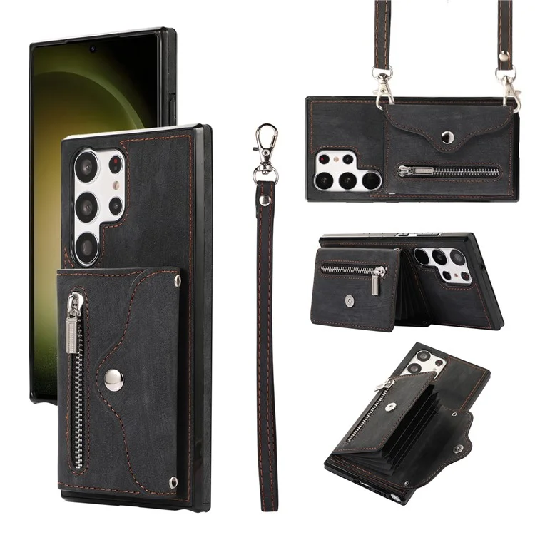 Kickstand Shell per Samsung Galaxy S23 Ultra RFID Blocking Card Bag Phone Case PU Leather+TPU Cover - Nero