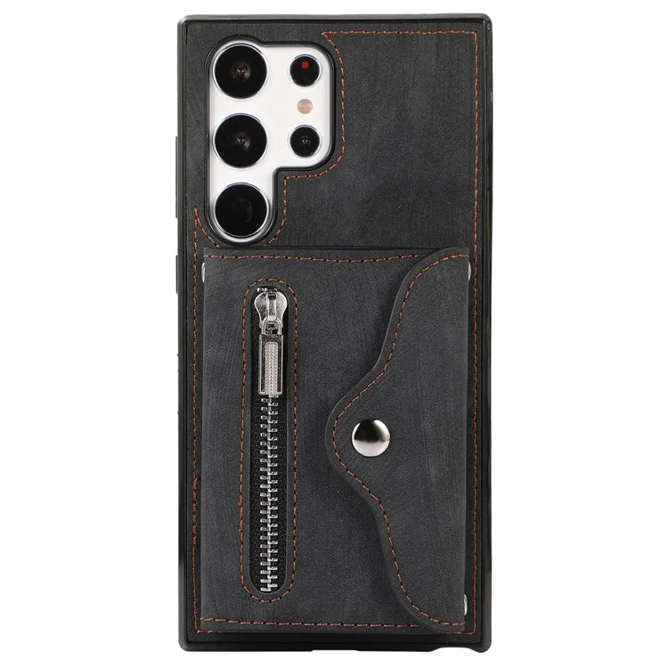 Kickstand Shell per Samsung Galaxy S23 Ultra RFID Blocking Card Bag Phone Case PU Leather+TPU Cover - Nero