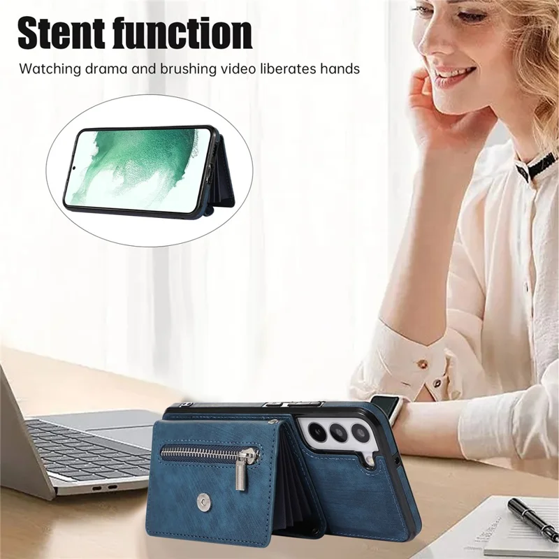 For Samsung Galaxy S21 FE 5G Smartphone Case Kickstand PU Leather+TPU Shell with RFID Blocking Card Bag - Blue