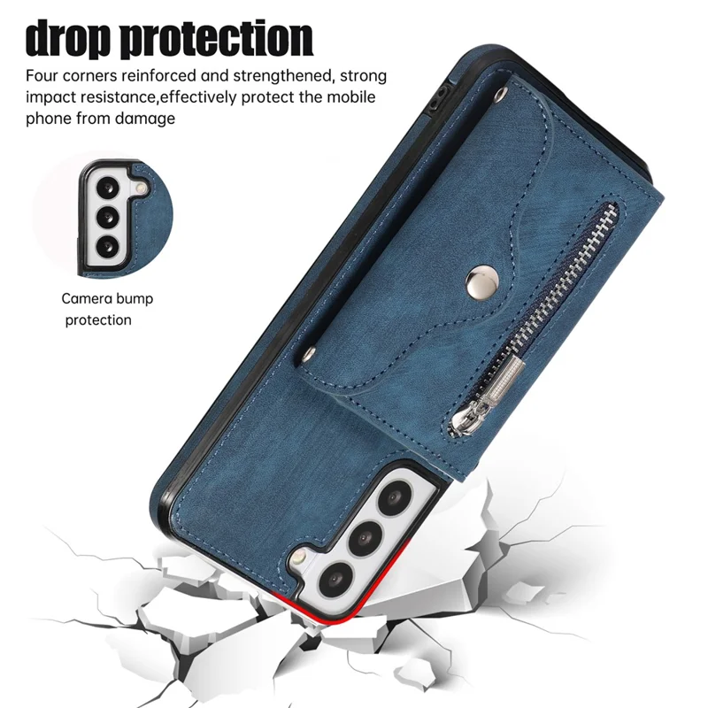 For Samsung Galaxy S21 FE 5G Smartphone Case Kickstand PU Leather+TPU Shell with RFID Blocking Card Bag - Blue