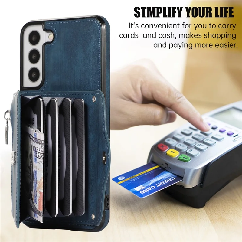 For Samsung Galaxy S21 FE 5G Smartphone Case Kickstand PU Leather+TPU Shell with RFID Blocking Card Bag - Blue