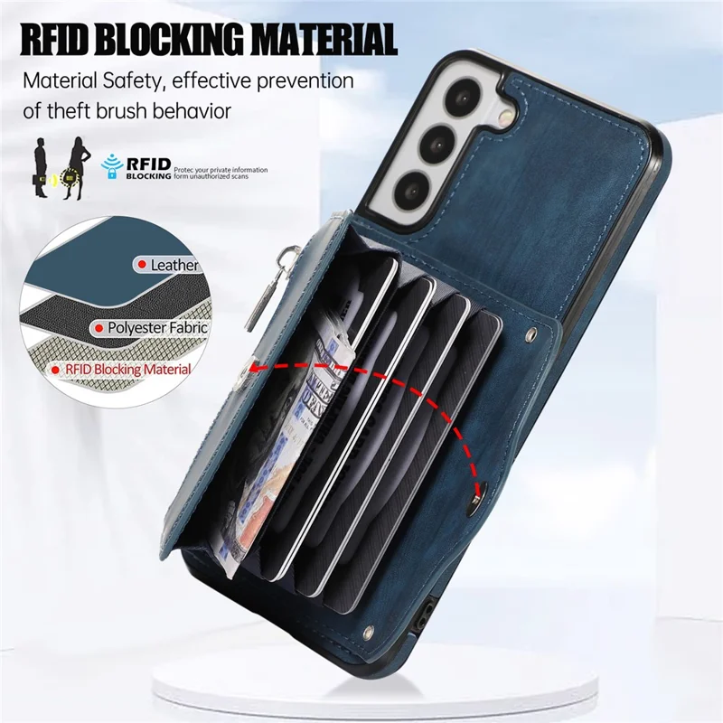 For Samsung Galaxy S21 FE 5G Smartphone Case Kickstand PU Leather+TPU Shell with RFID Blocking Card Bag - Blue
